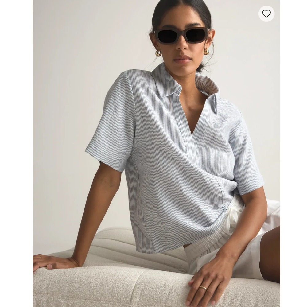 EUC Quince size L Crop Popover Top Shirt Collared 100% Linen Pinstripe